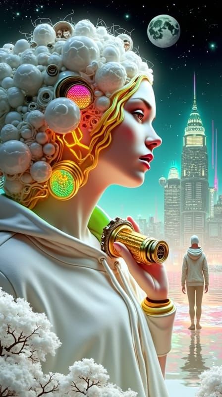 Cybernetic Figure in Dystopian Synthwave Cityscape