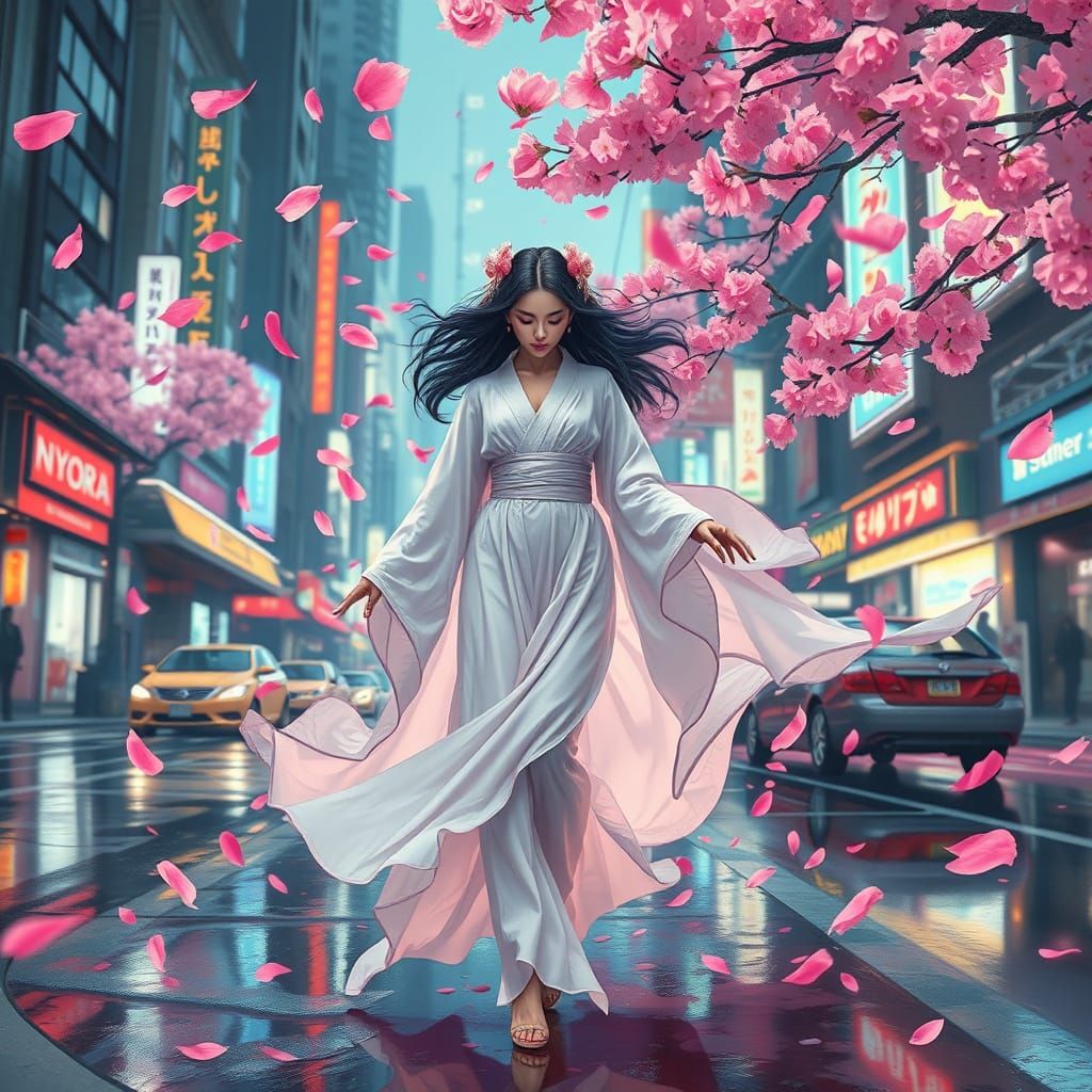 Cherry Blossom Goddess Emerges in Cyberpunk Cityscape