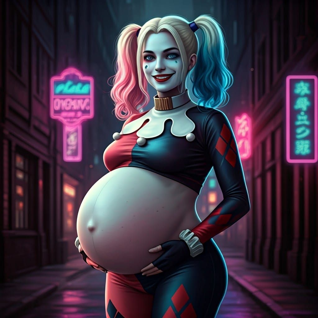 Pregnant Harley Quinn in Synthwave Neon Alley