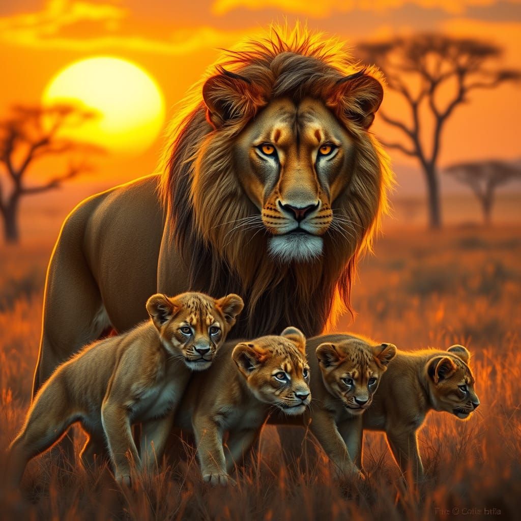 Regal Lioness Protects Her Cubs in Vibrant African Sunset