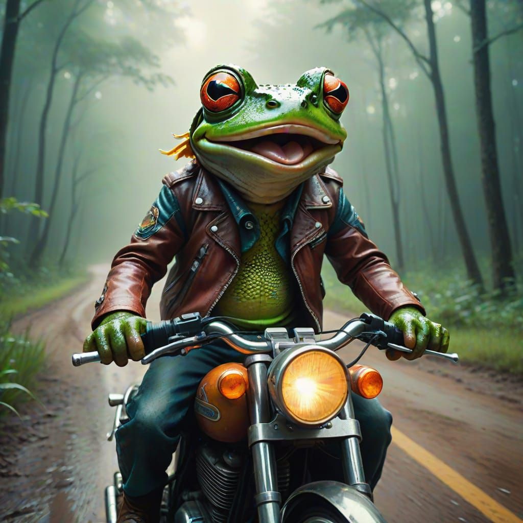Frog on a Motorcycle Rides Through a Misty Woodland