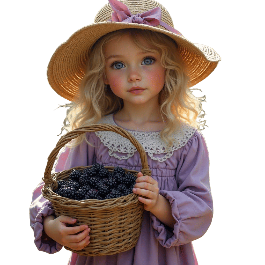 Girl with Blackberry Basket on White Background