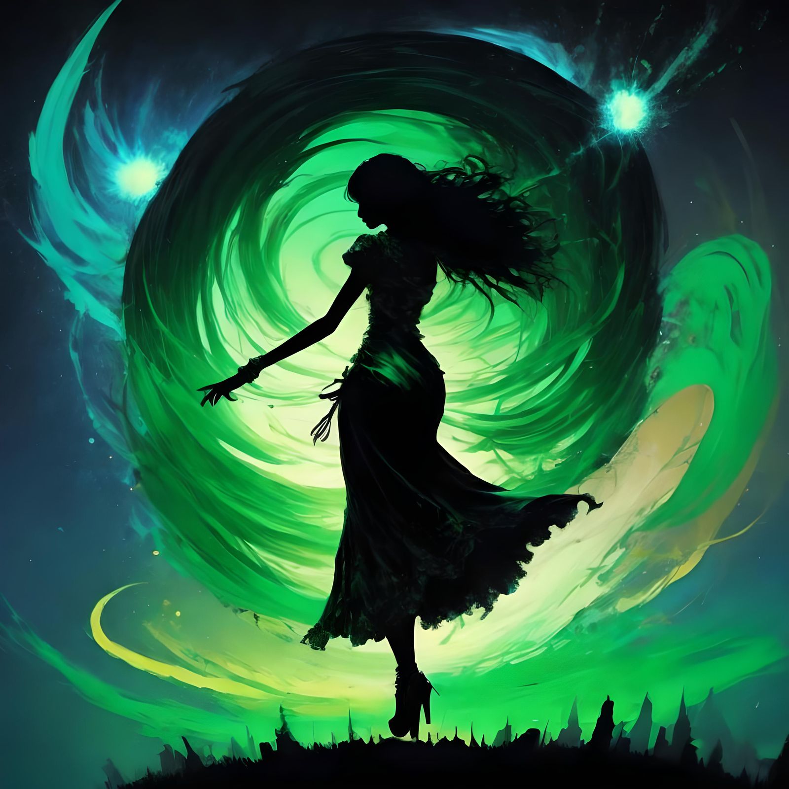 Splash art black and green and blue silhouette