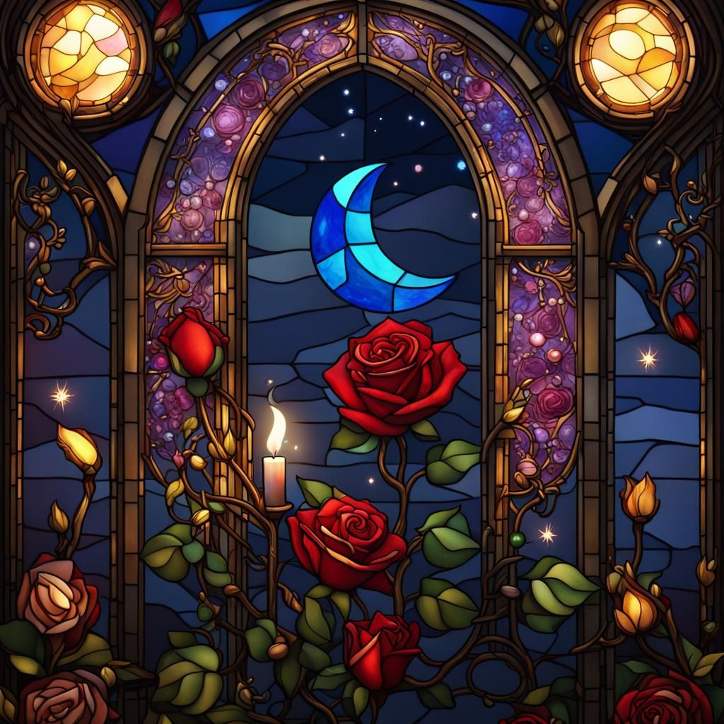 Stained Glass Roses Under Moonlight
