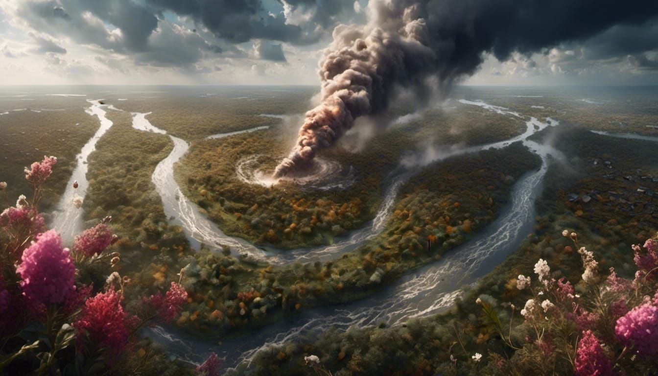 Realistic Aerial View of Tornado Over River