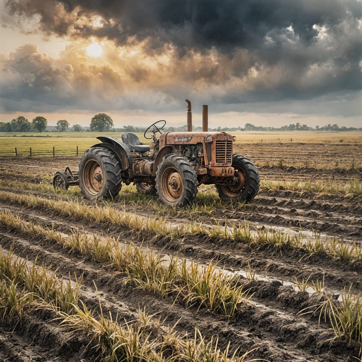 Worn Tractor in Half-Plowed Field