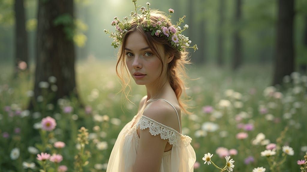 Dreamy Forest Glade with Enchanting Lady
