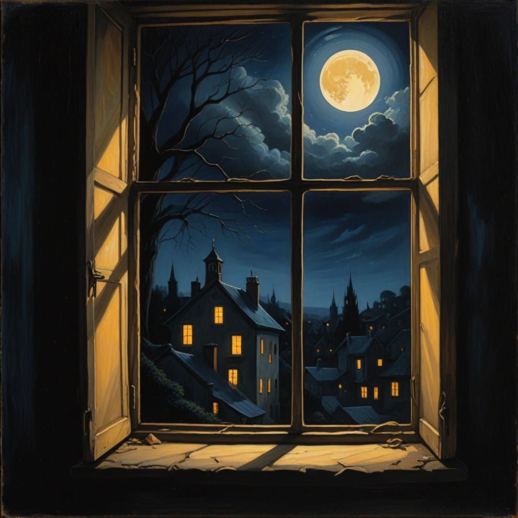 Surreal Window Light in Eerie Darkness Oil Painting