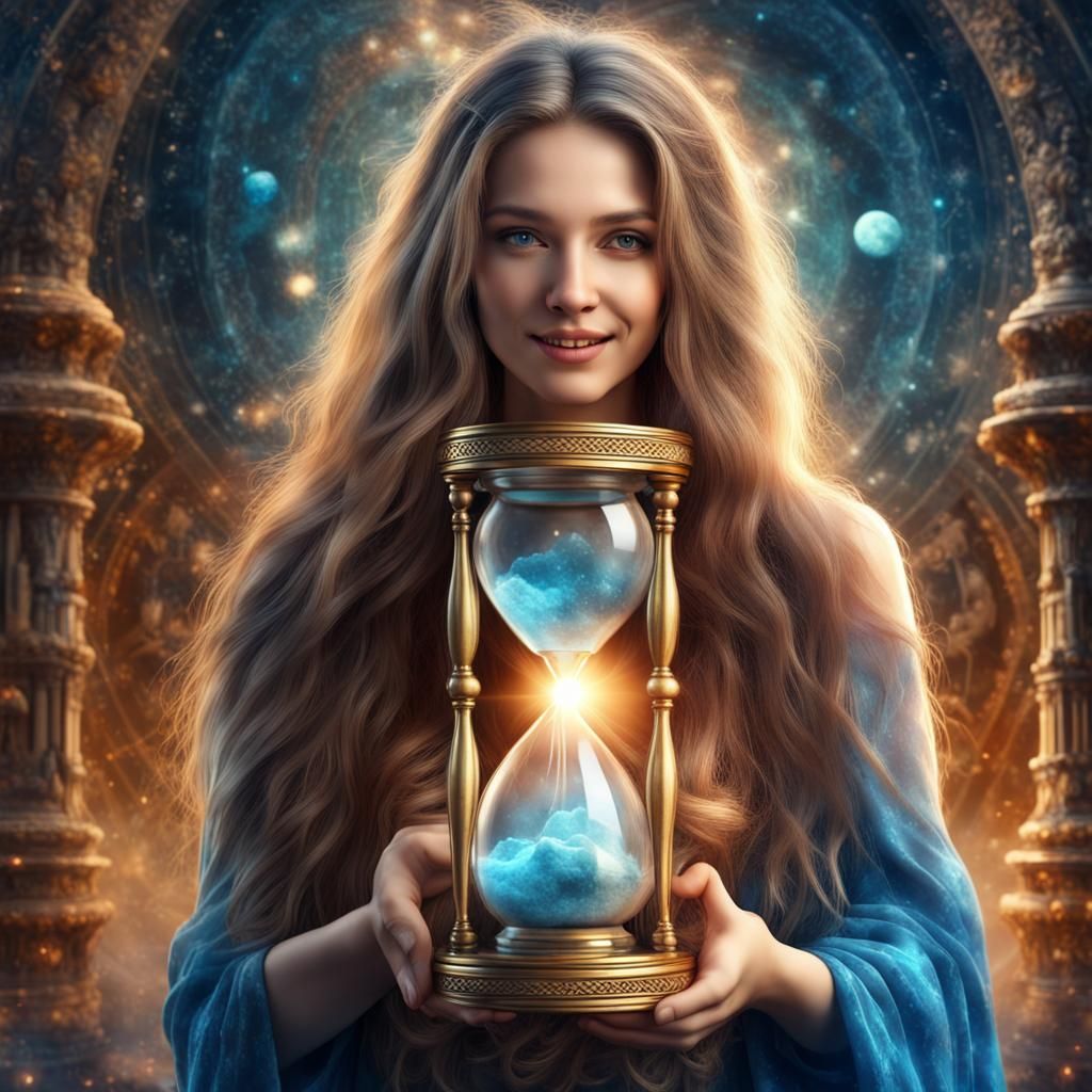 Joyful Girl with Cosmic Hourglass Watercolor