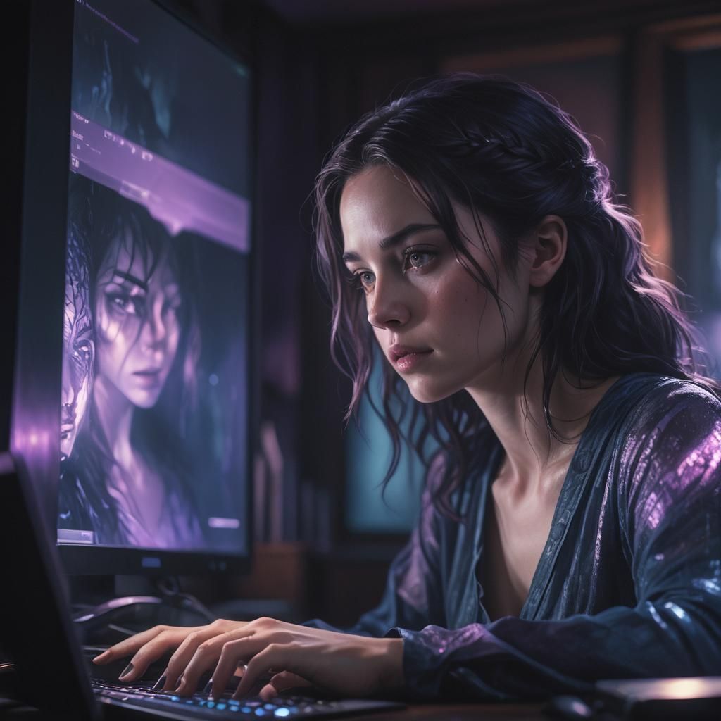 Melancholic Woman Reflected in Computer Screen: Dark Fantasy...