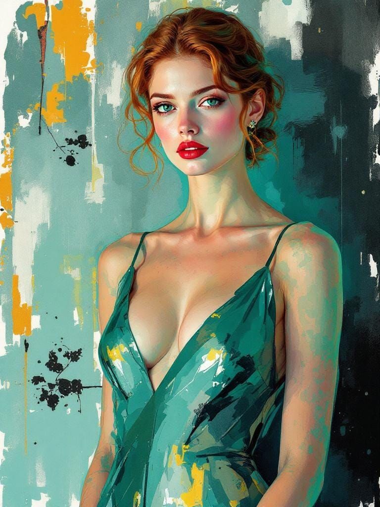 Elegant Portrait of Woman in Teal Dress, Watercolor and Line