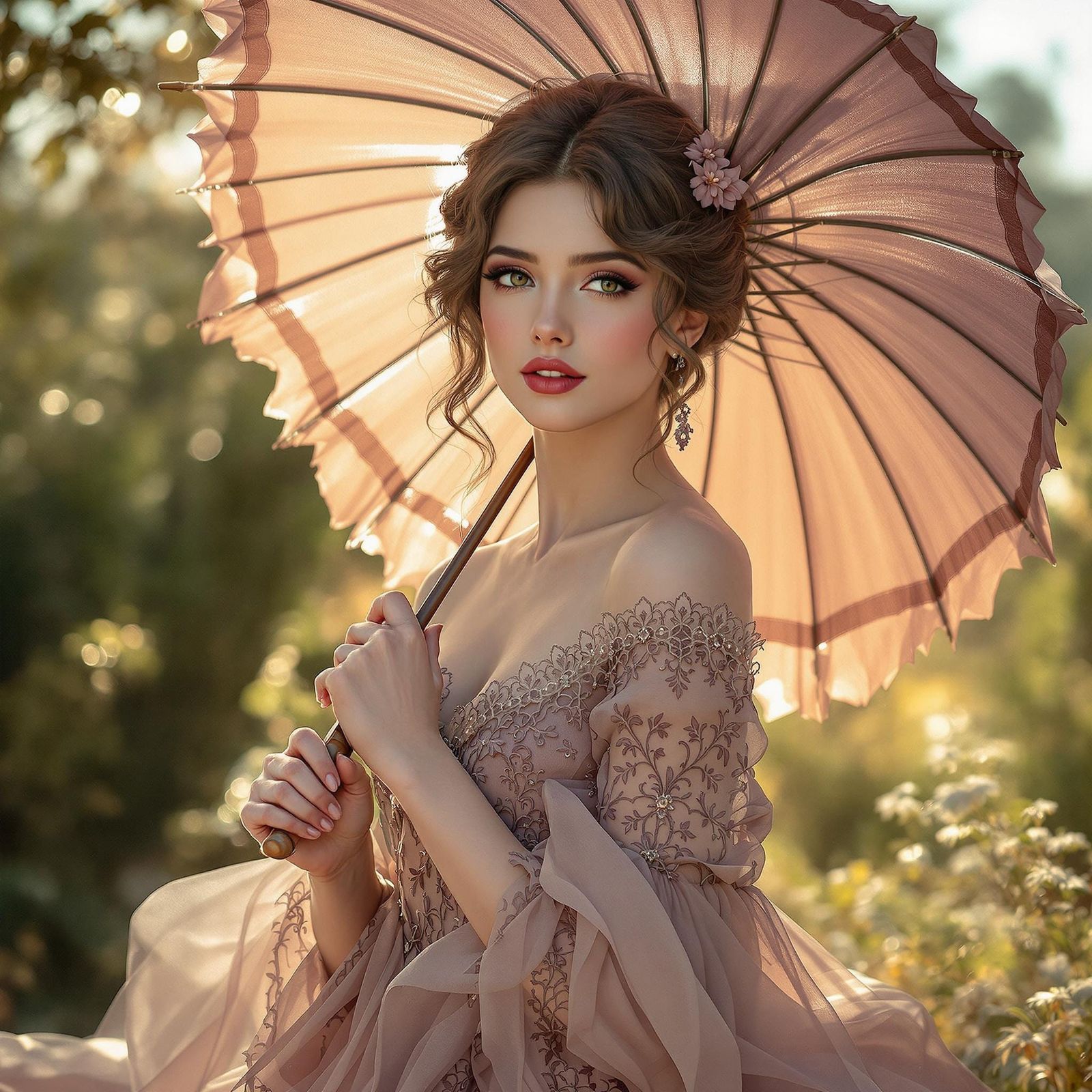 Elegant Woman in Mauve Gown with Parasol