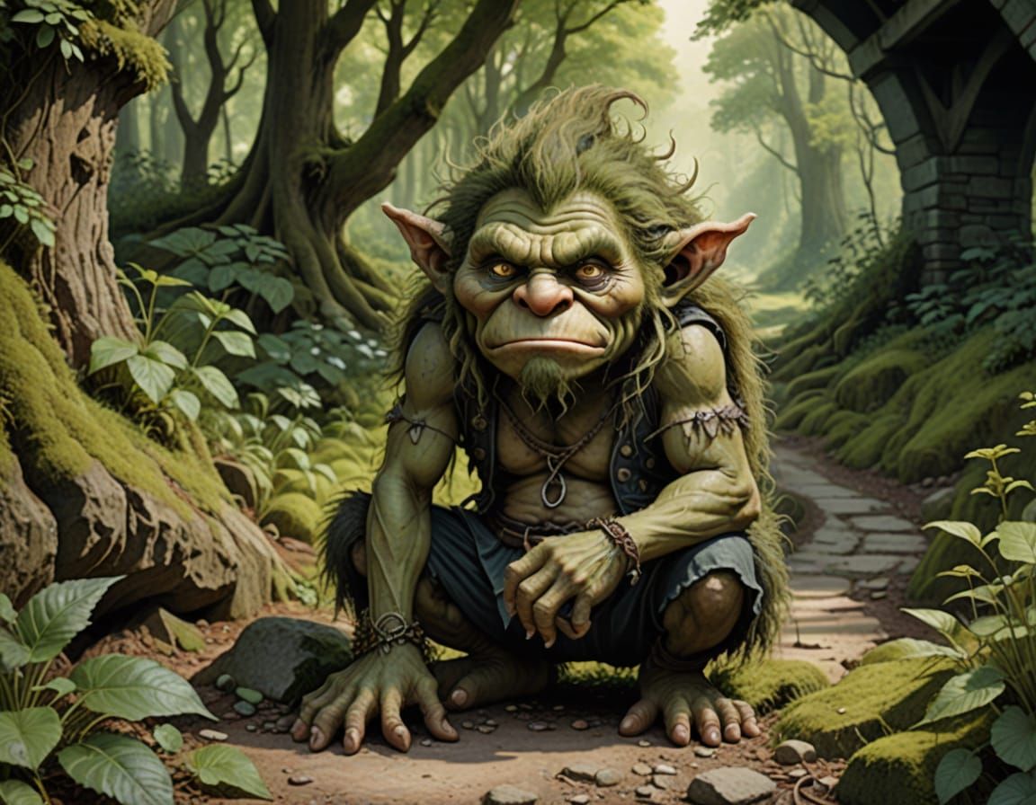 Angry Troll Hiding Under Woodland Bridge in Whimsical Style