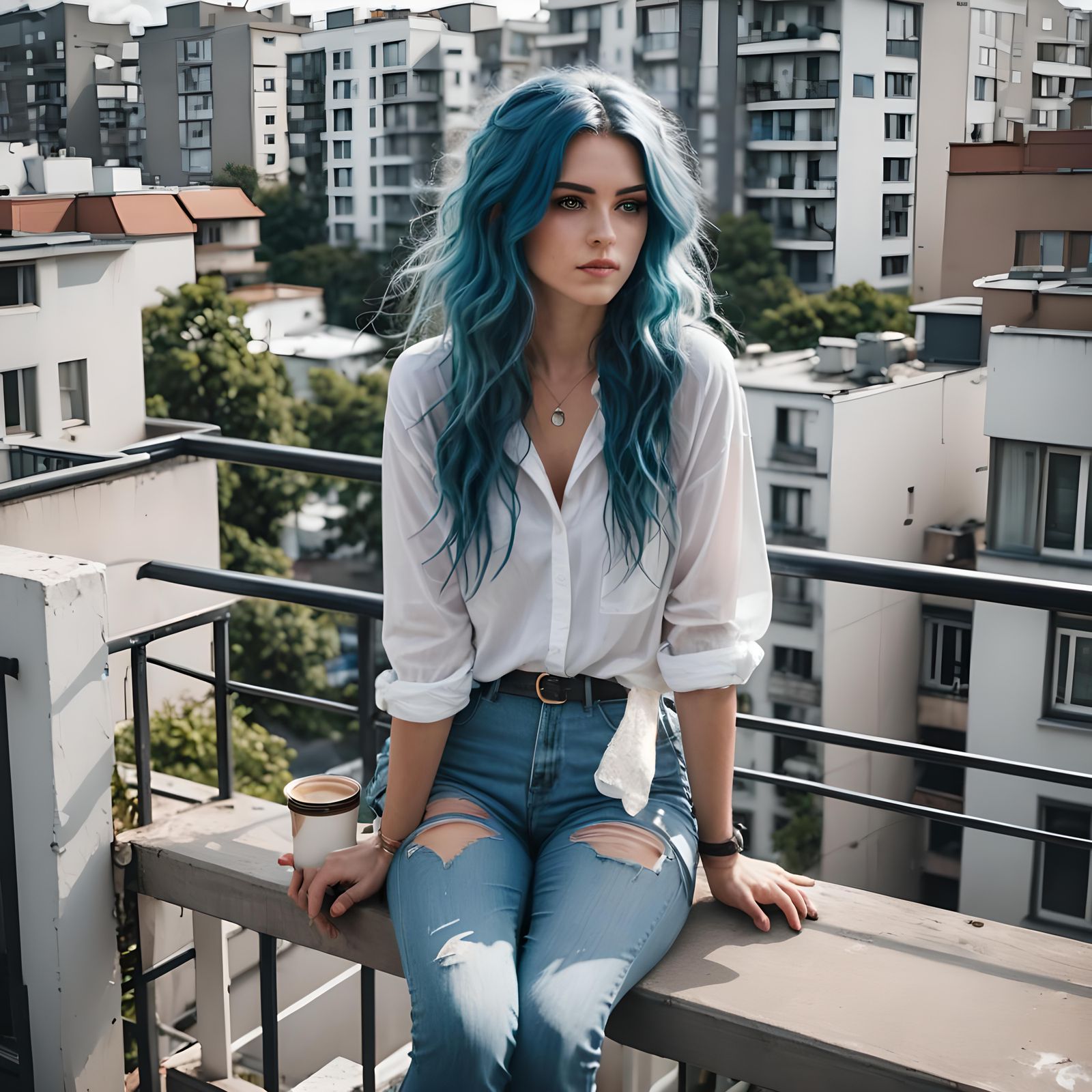 Blue-Haired Girl on Balcony Overlooking City