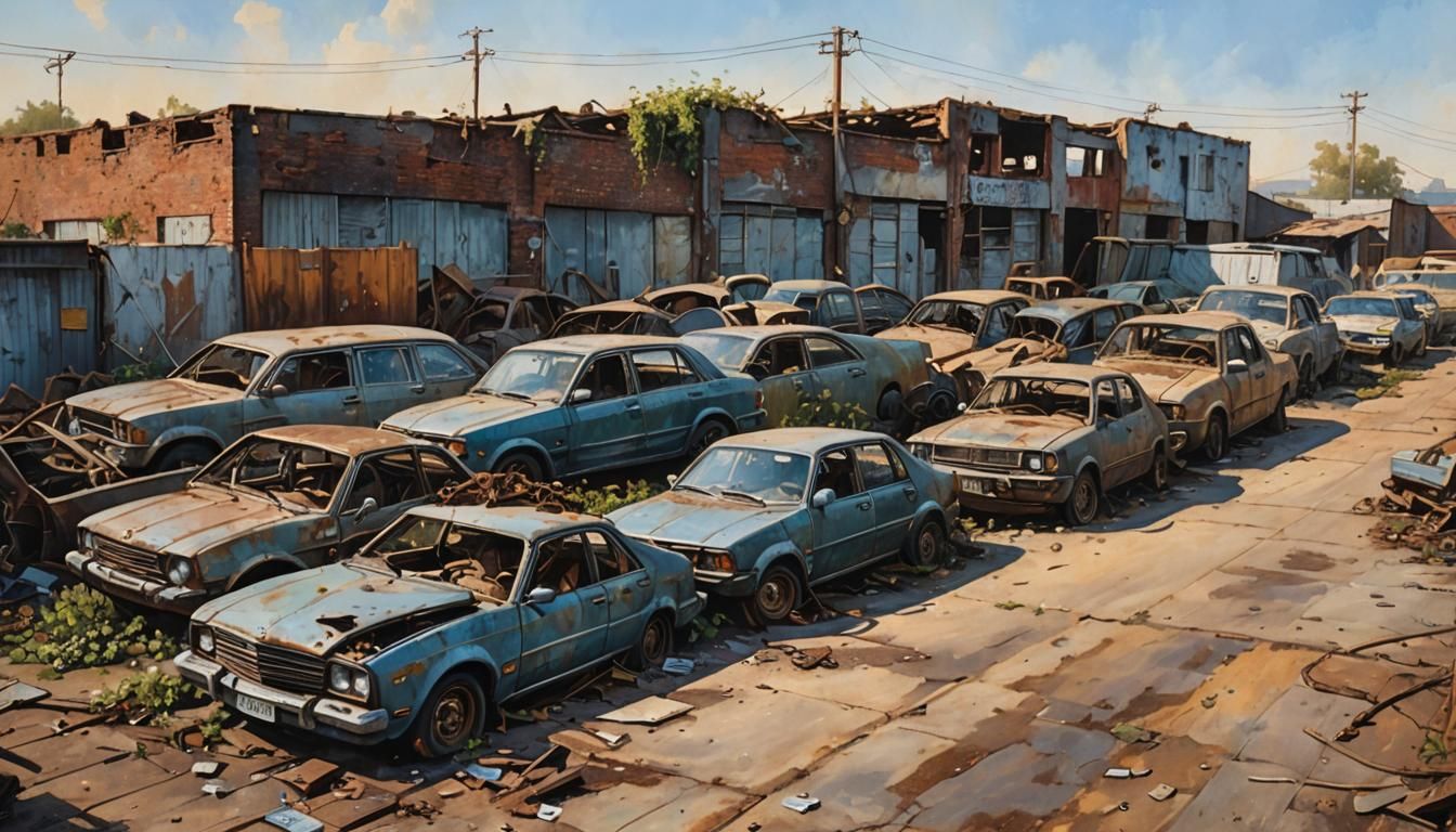 Renaissance Oil Painting of Junkyard at Golden Hour