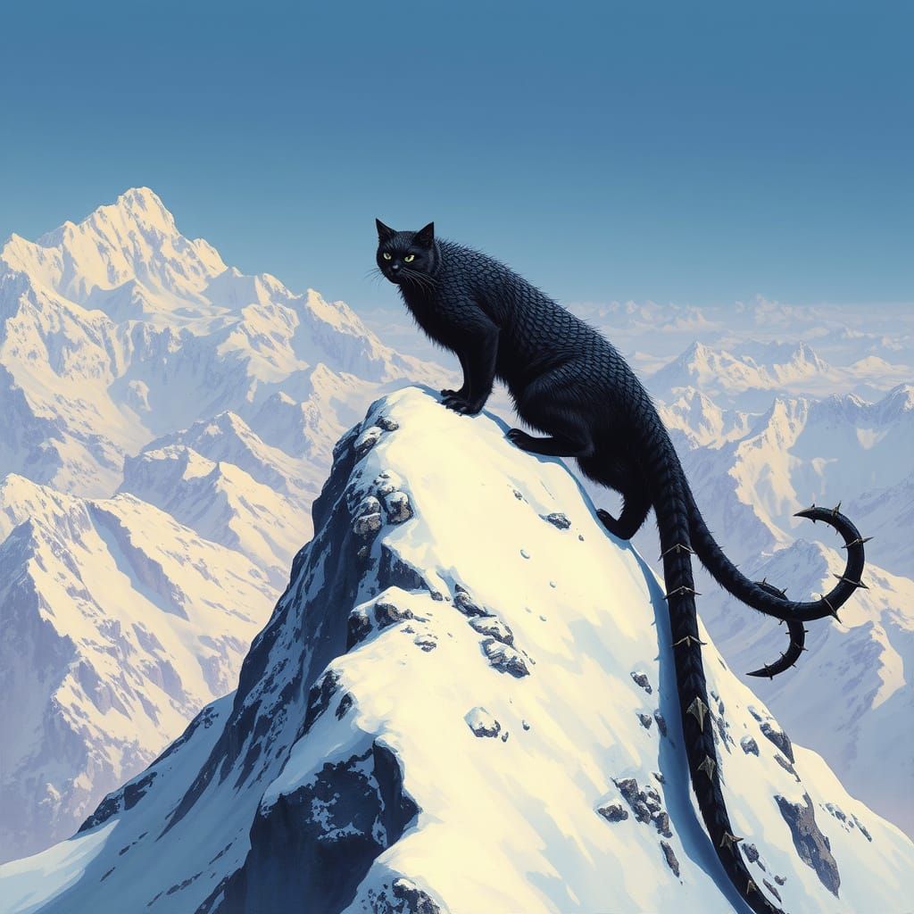 Scaled Black Cat Perched on Himalayan Peak