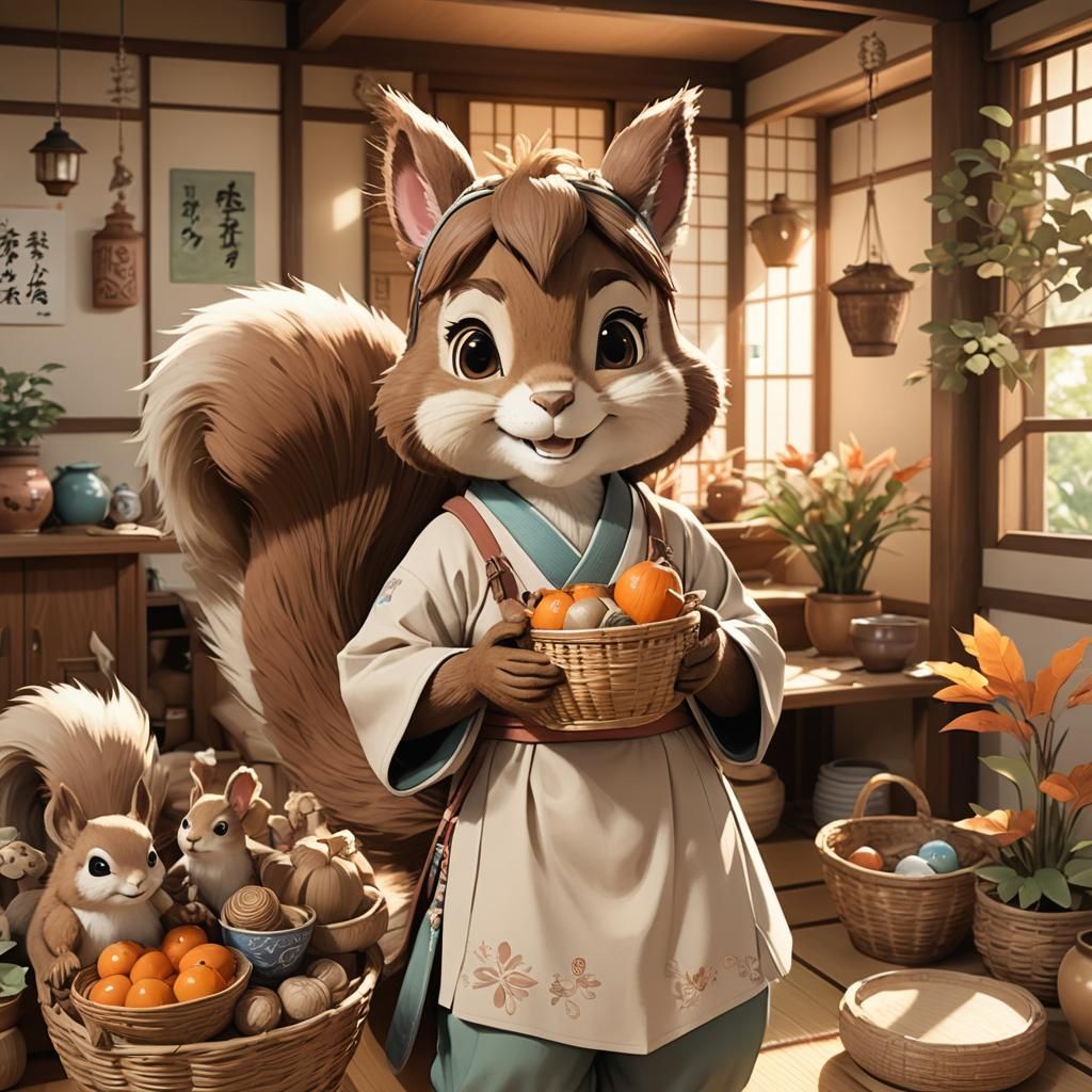 Anime Squirrel Girl in Sunlit Japanese Home