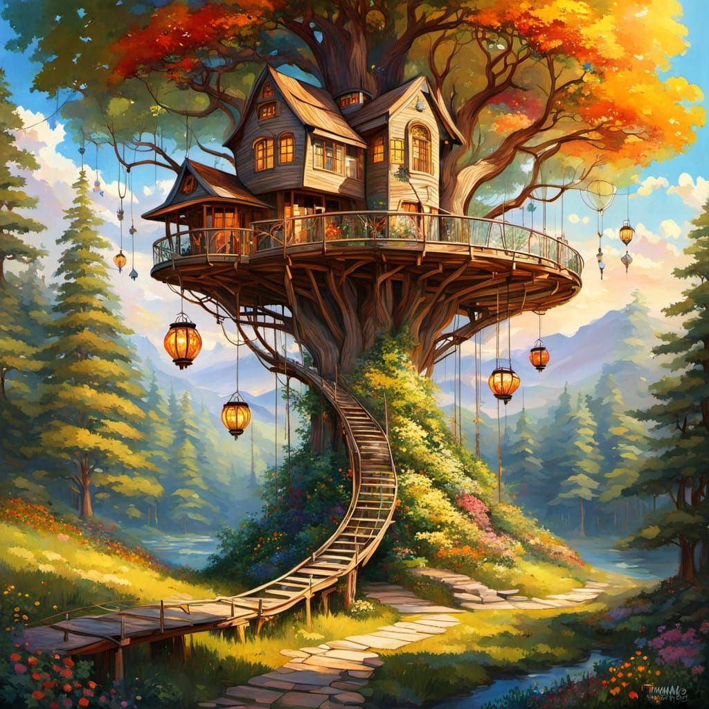 Organic Treehouse in a Vibrant Sunlit Forest