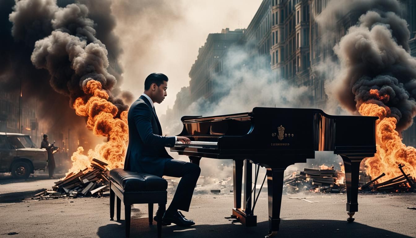 Intense War Scene: Man Plays Piano in Burning City