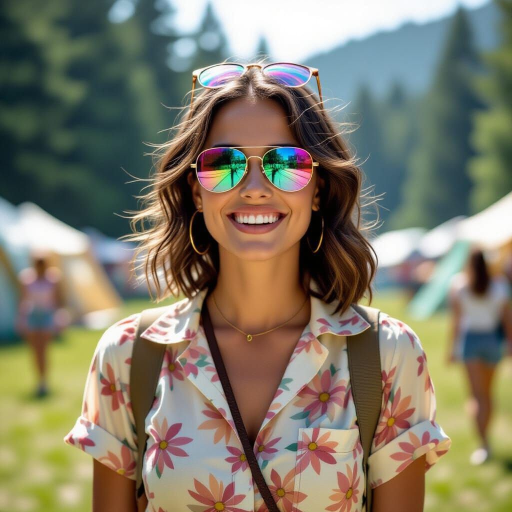 Woman in Eighties Style at Summer Camp, Vaporwave