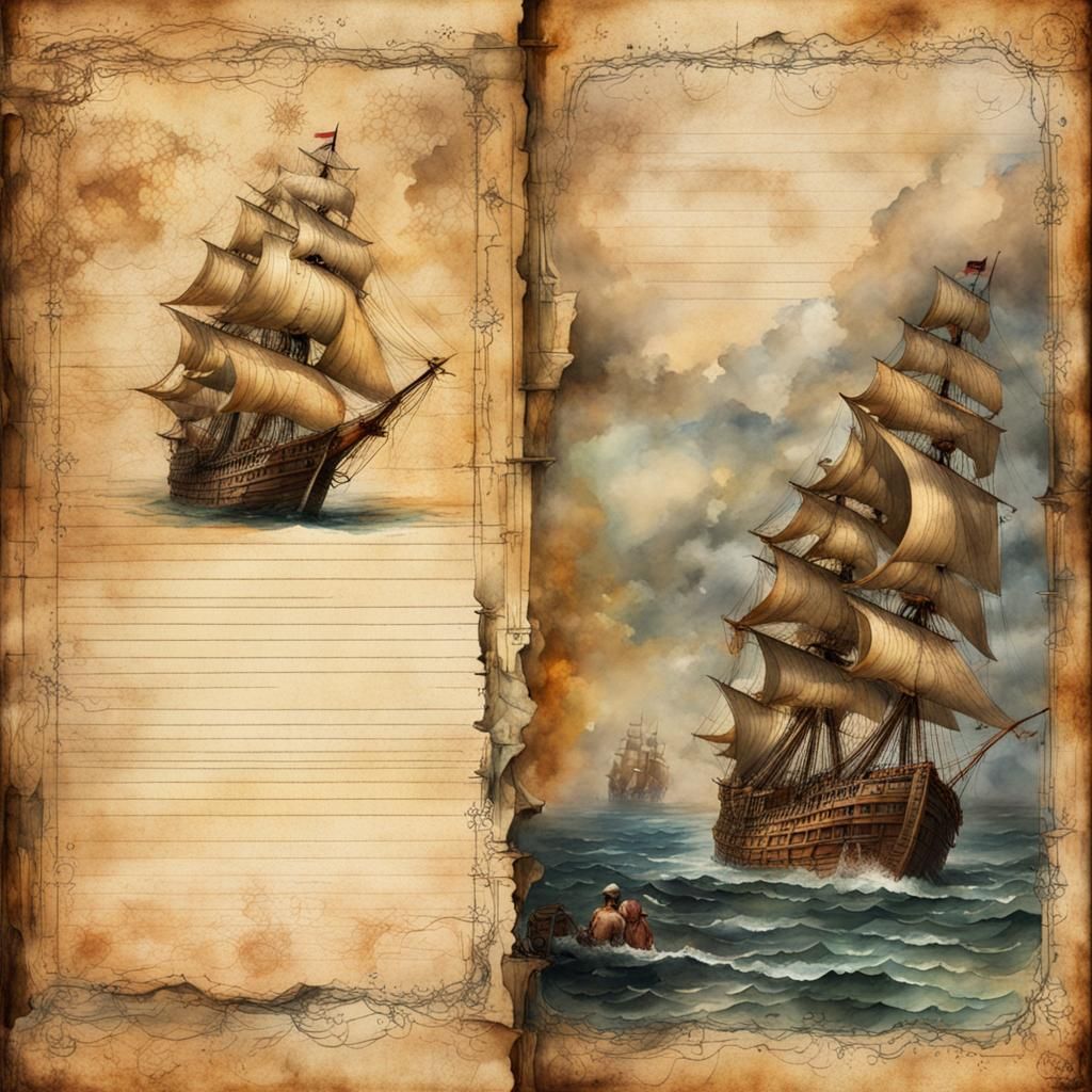 Pirate Ship Journal Page in Watercolor Style