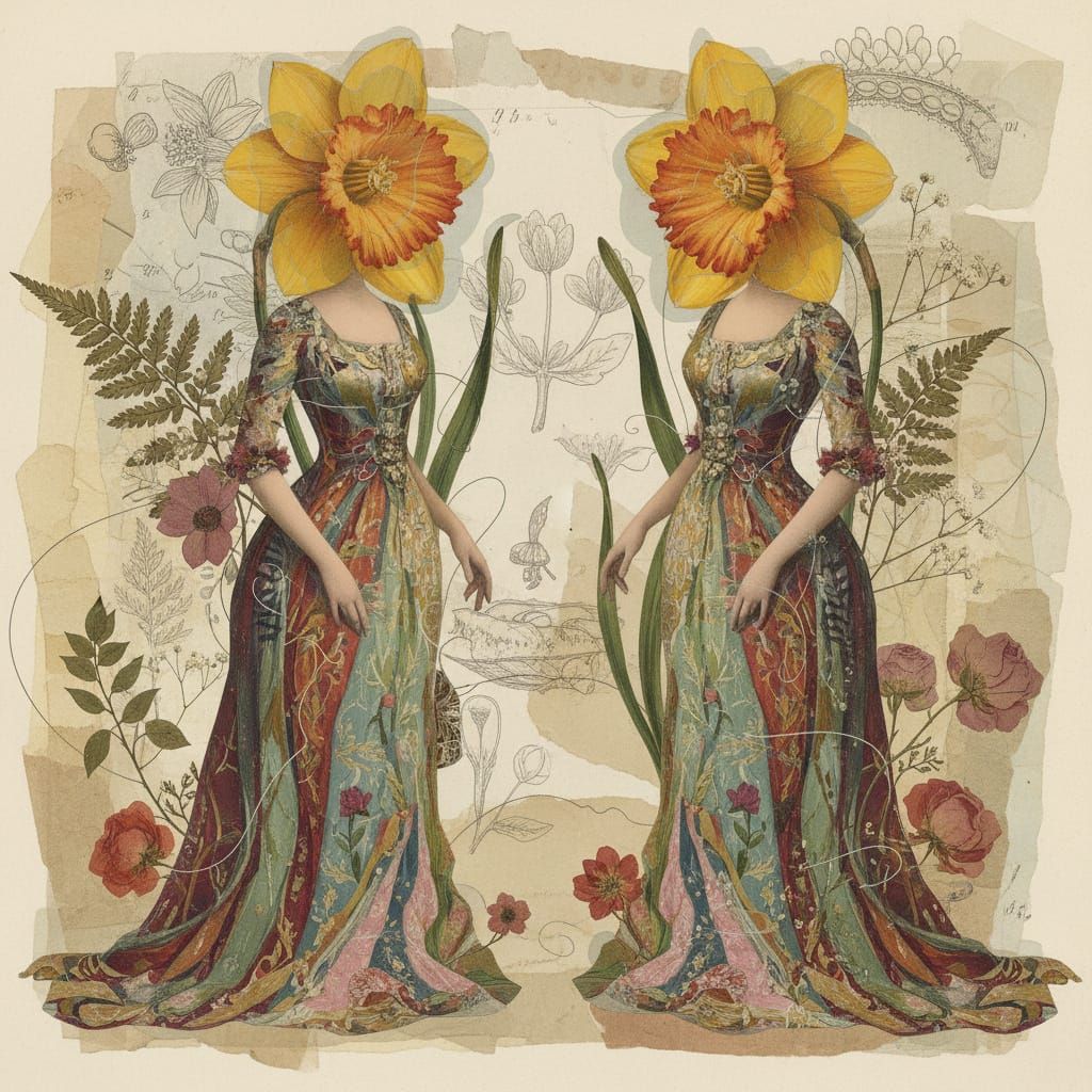 Vintage Women with Daffodil Heads in Surreal Collage