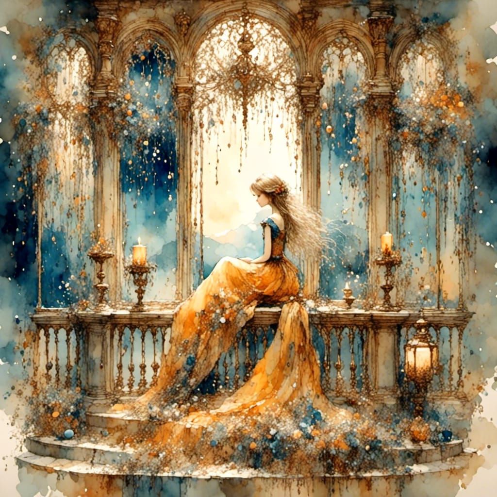 Princess Gazing at Fireworks in a Fantasy City