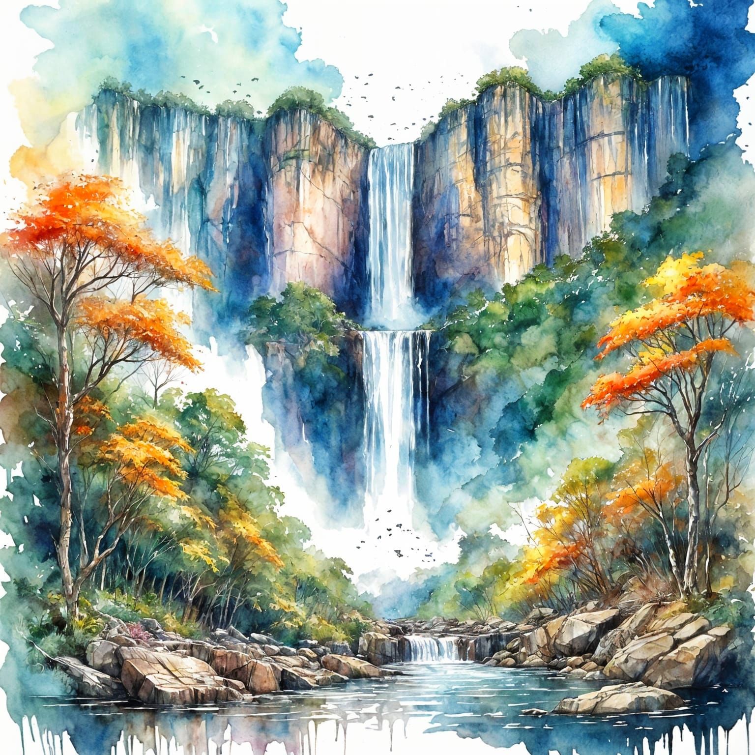Angel Falls in Watercolor Style of Carne Griffiths