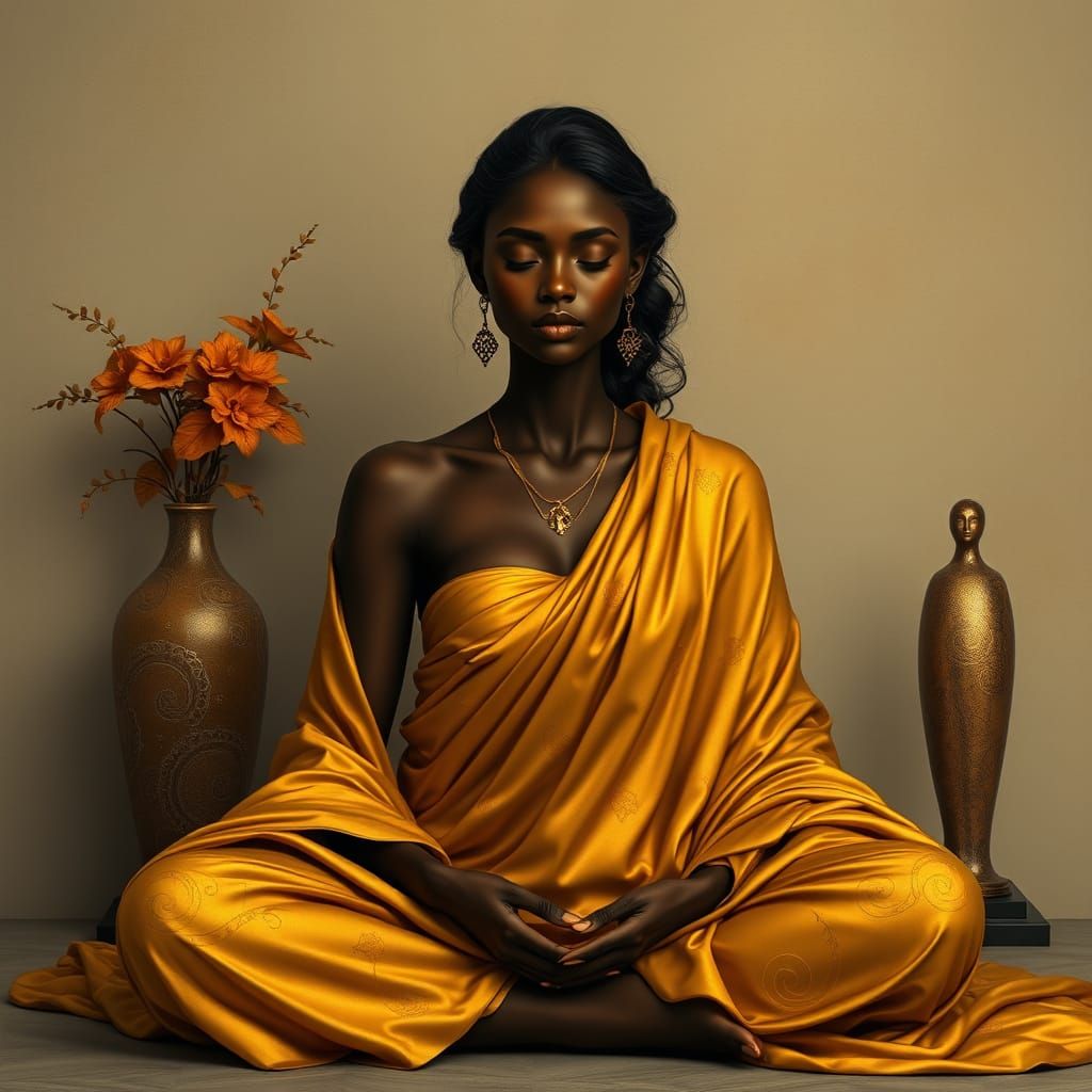 Serene Dark-Skinned Goddess in Golden Splendor