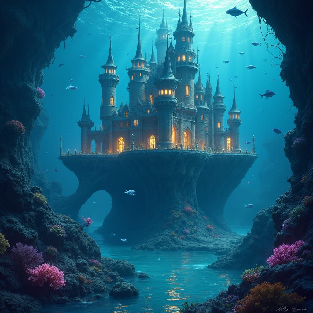 Underwater Castle with Mermaids in Bioluminescent Glow