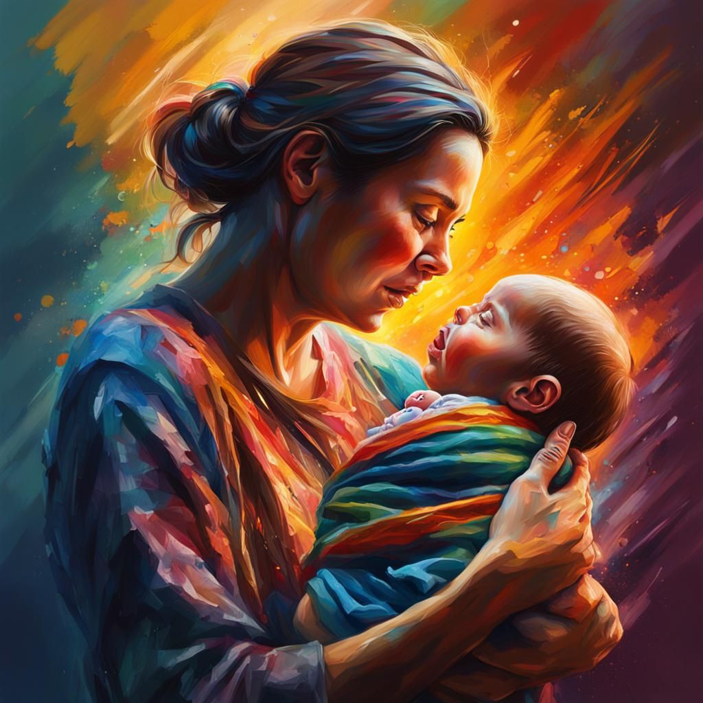 Mother and Newborn Baby: Hyperrealistic Splash Art