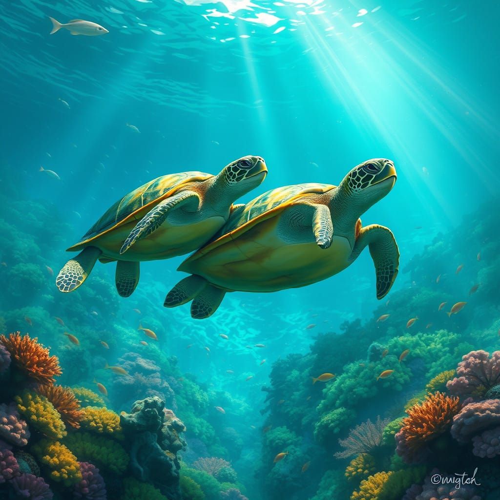 Vibrant Ocean Scene with Green Sea Turtles and Exotic Fish