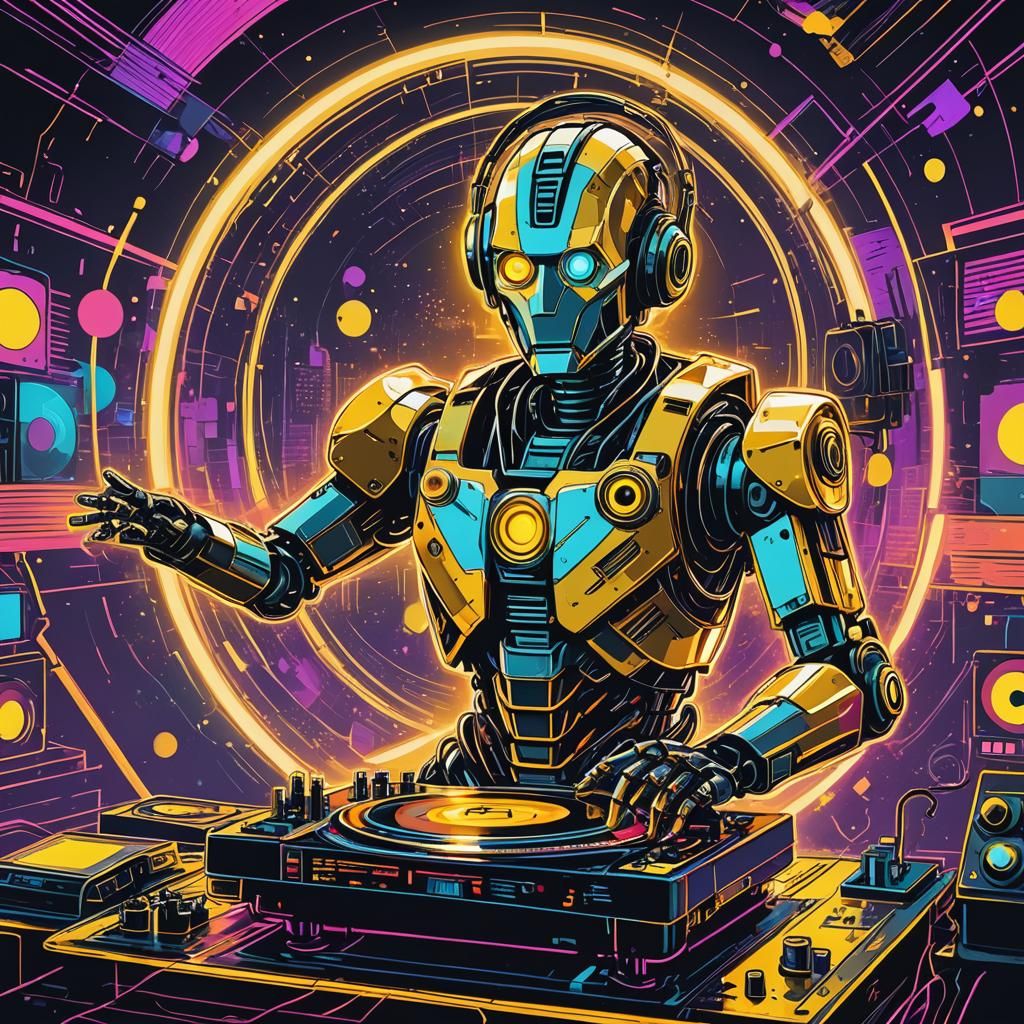 Robot DJ Mixing Beats in Pop Art Style