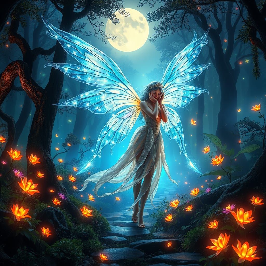 Angelic Fairy in Bioluminescent Forest, Vibrant Splash Art