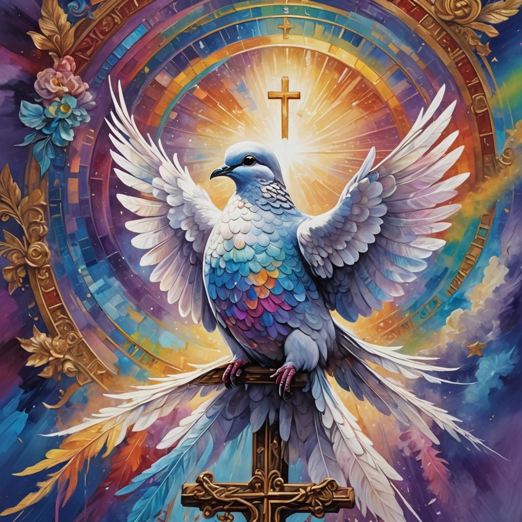 Dove on Rainbow with Cross: Surreal Oil Painting