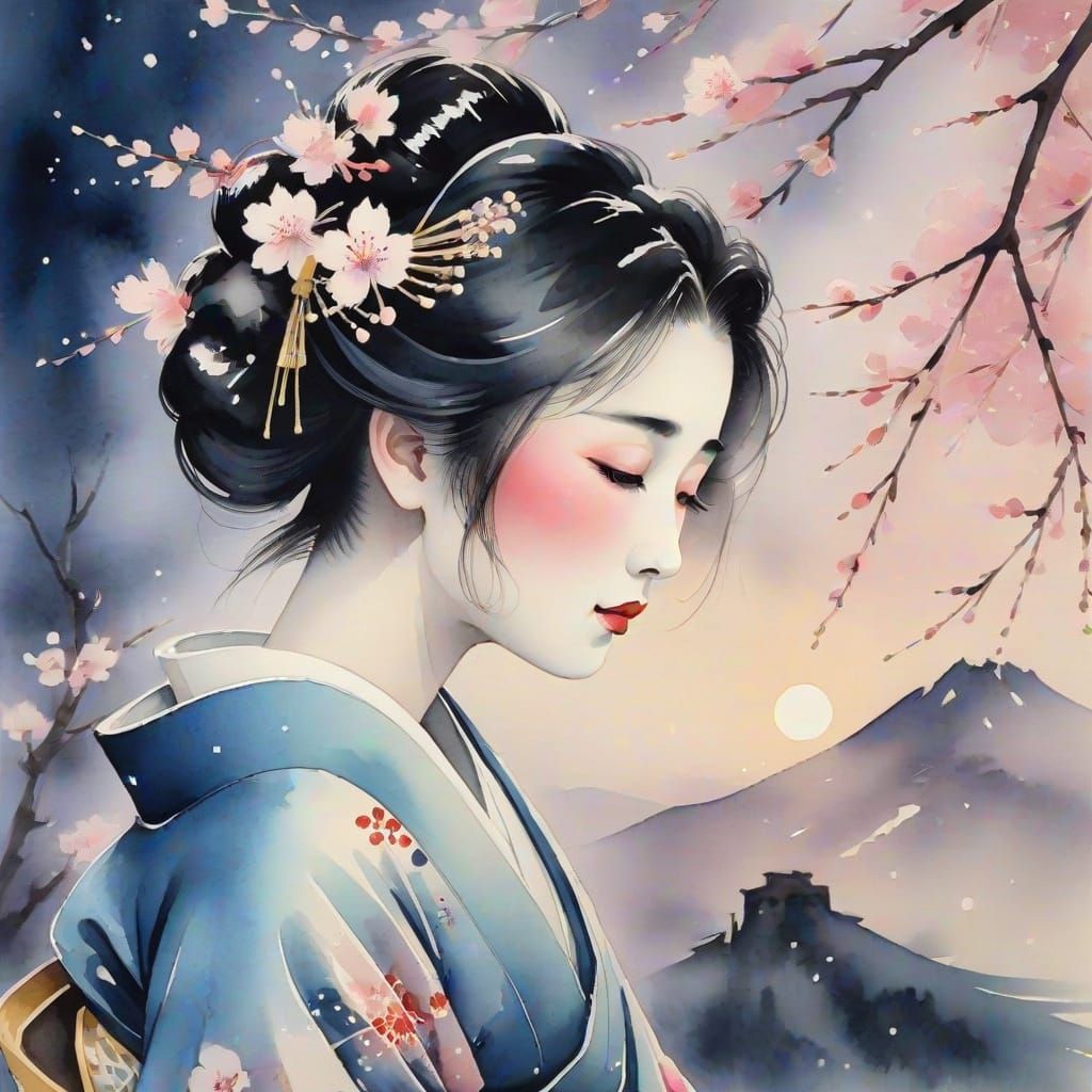 Edo Era Geisha in Moonlit Cherry Blossom Night