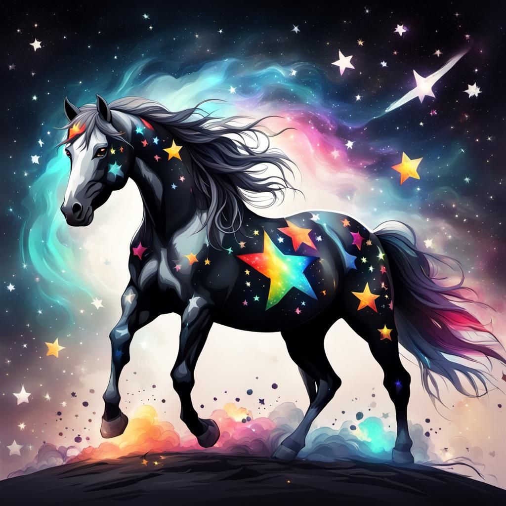 “A black and white horse with colourful star tattoos on its body, stars shooting out, 8k resolution, magical , dreamy, F...