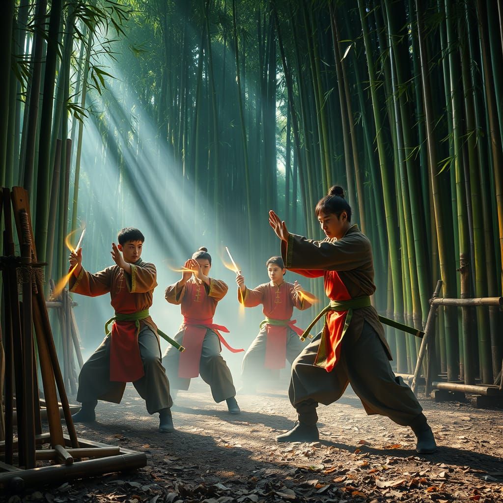 Kung Fu Warriors in Bamboo Forest with Surreal Energy