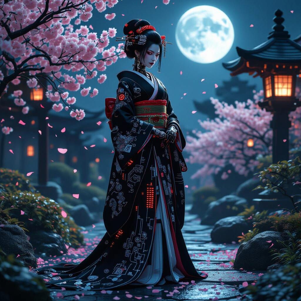 Gothic Cyborg Geisha in Moonlit Cyberpunk Garden