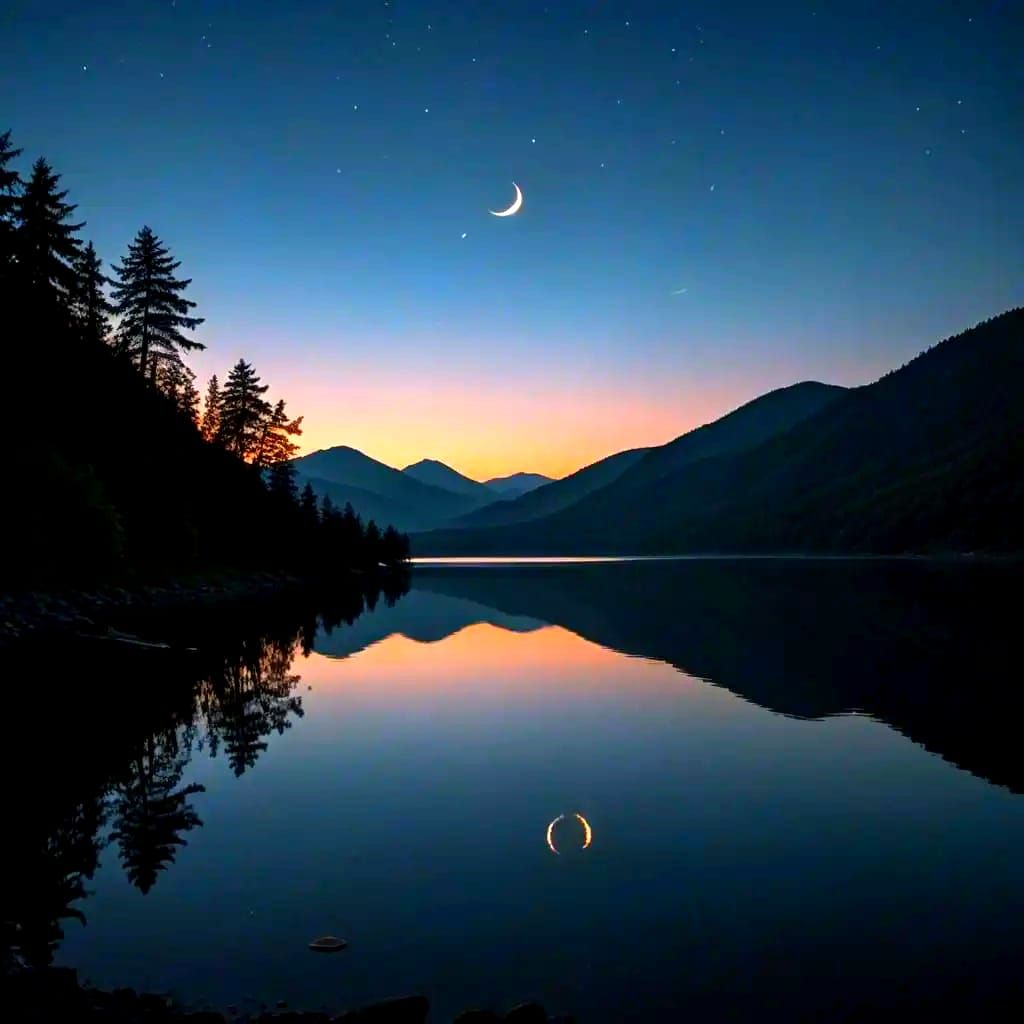 Tranquil Lake at Twilight Reflecting Crescent and Full Moon