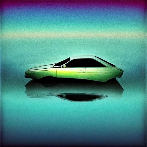 Floating Car in Dream Lake: Surreal Oil Painting