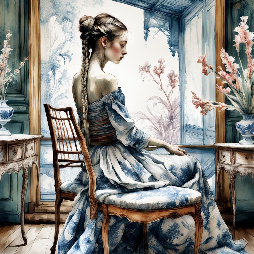 Girl Braiding Hair on Veranda in Watercolor Style