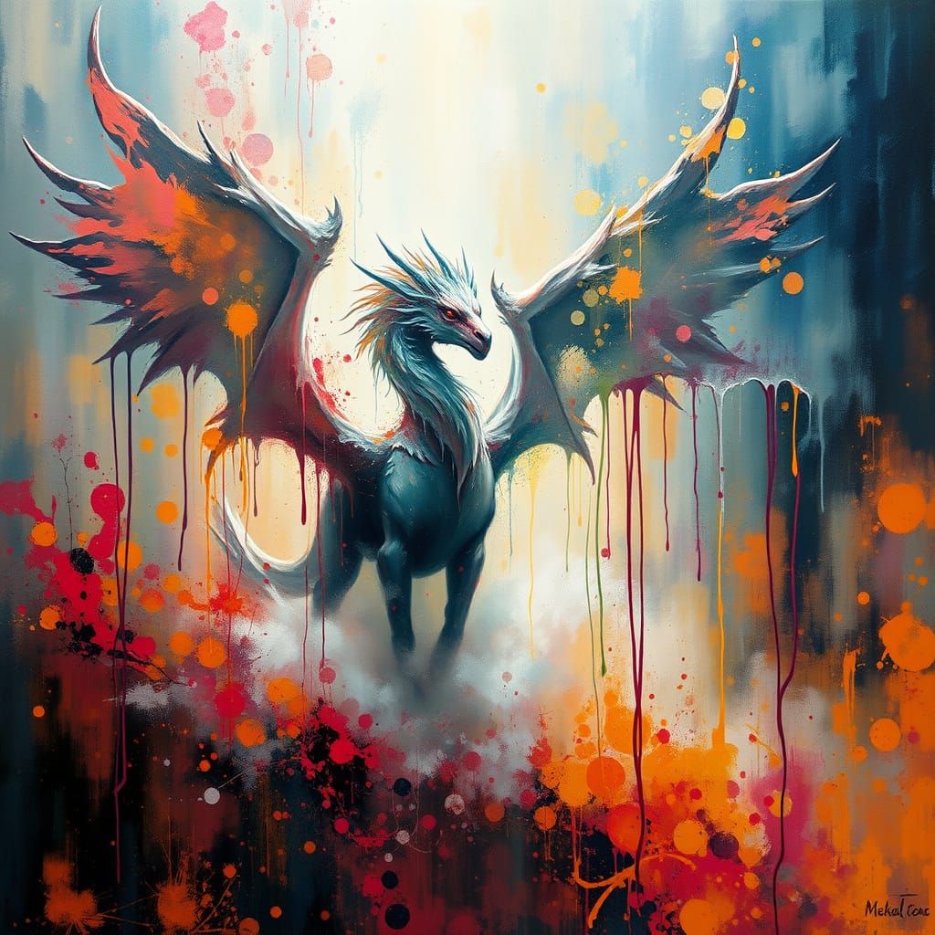 Ethereal Fantasy Realm with Splattered Paint and Mythical Cr...