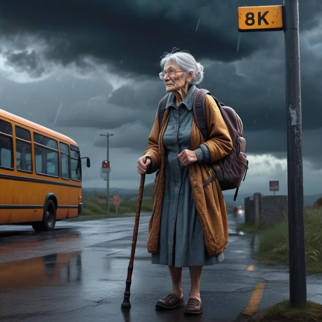 Old Lady Waiting in the Rain, Dark Fantasy Art