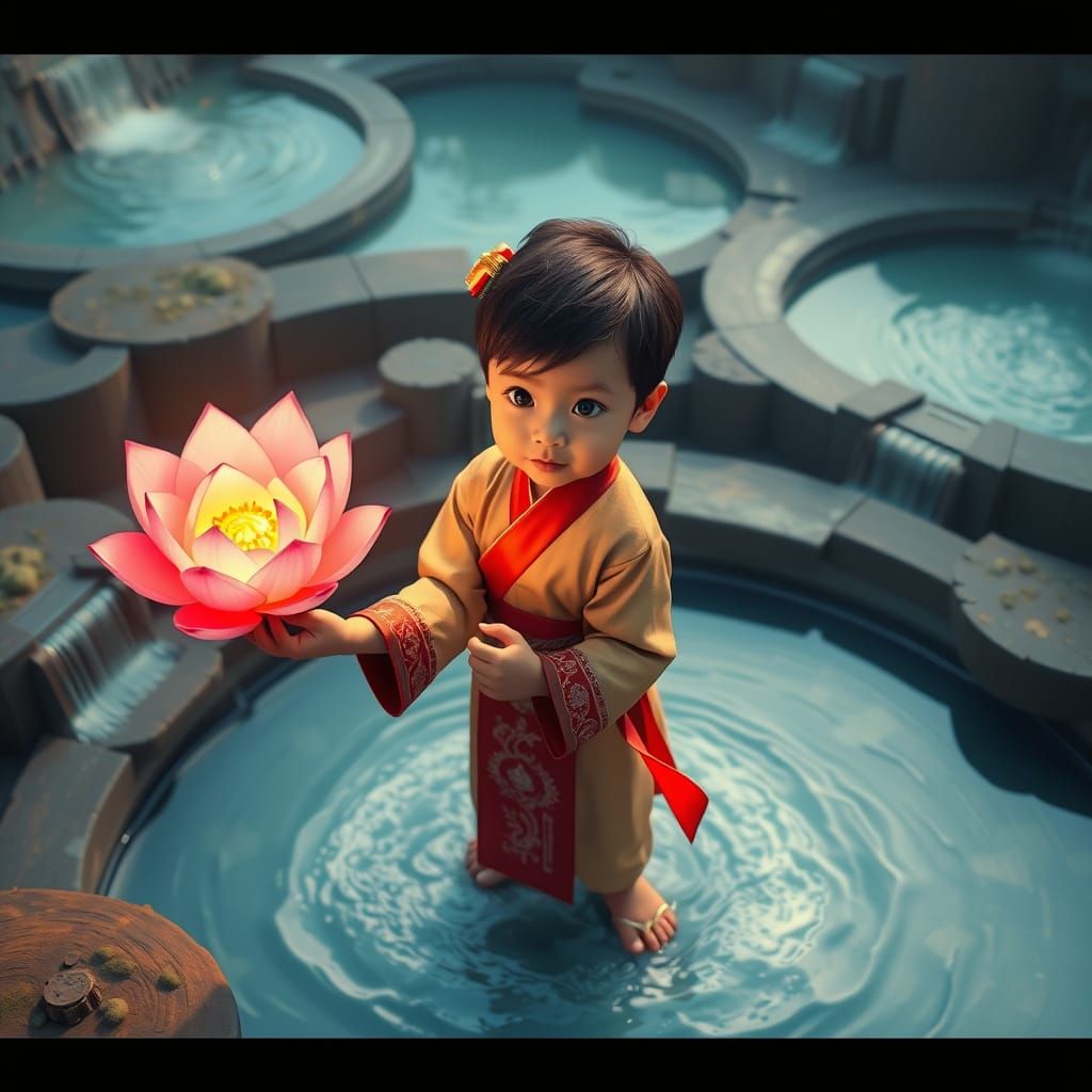 Child with Glowing Lotus in Futuristic Landscape