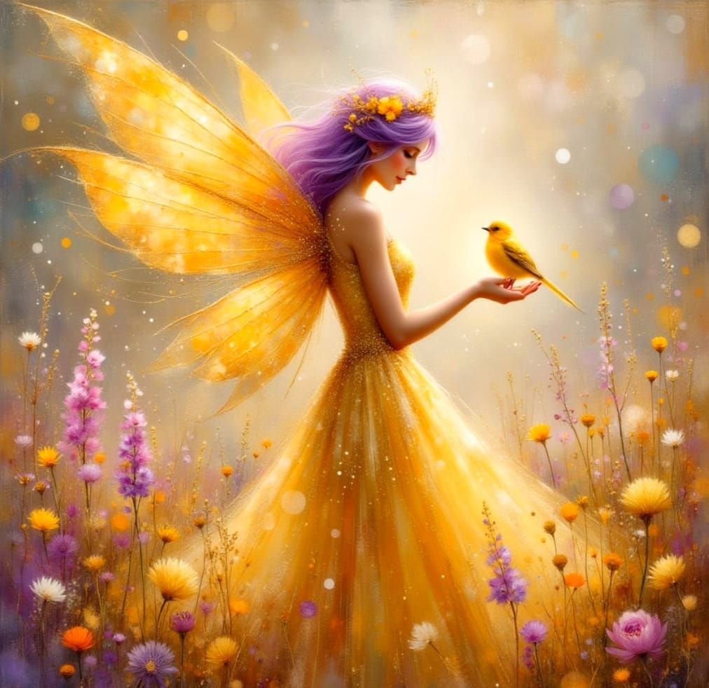 Ethereal Fairy with Sunbird in Lush Meadow
