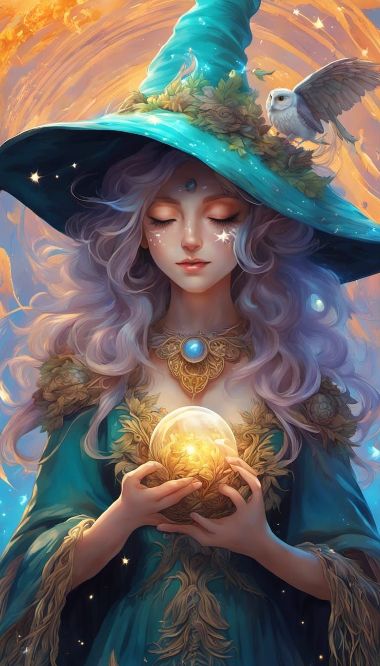 Owl Witch Nymph on Moth Boat in Neo-Impressionism