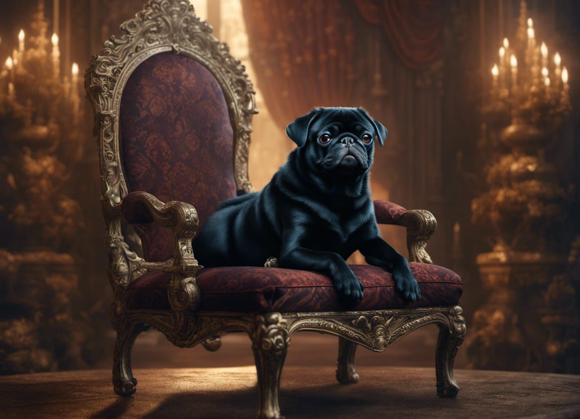 Royal Pug on Ornate Throne: Fantasy Concept Art