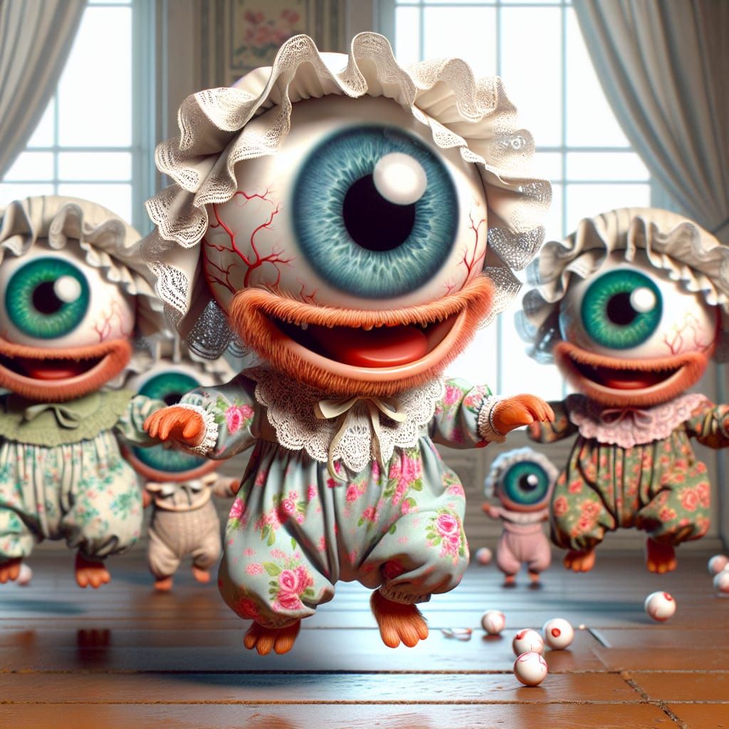 Happy Bouncy Eyeball Hat Fictional Critters in Lacy Floral Onesies