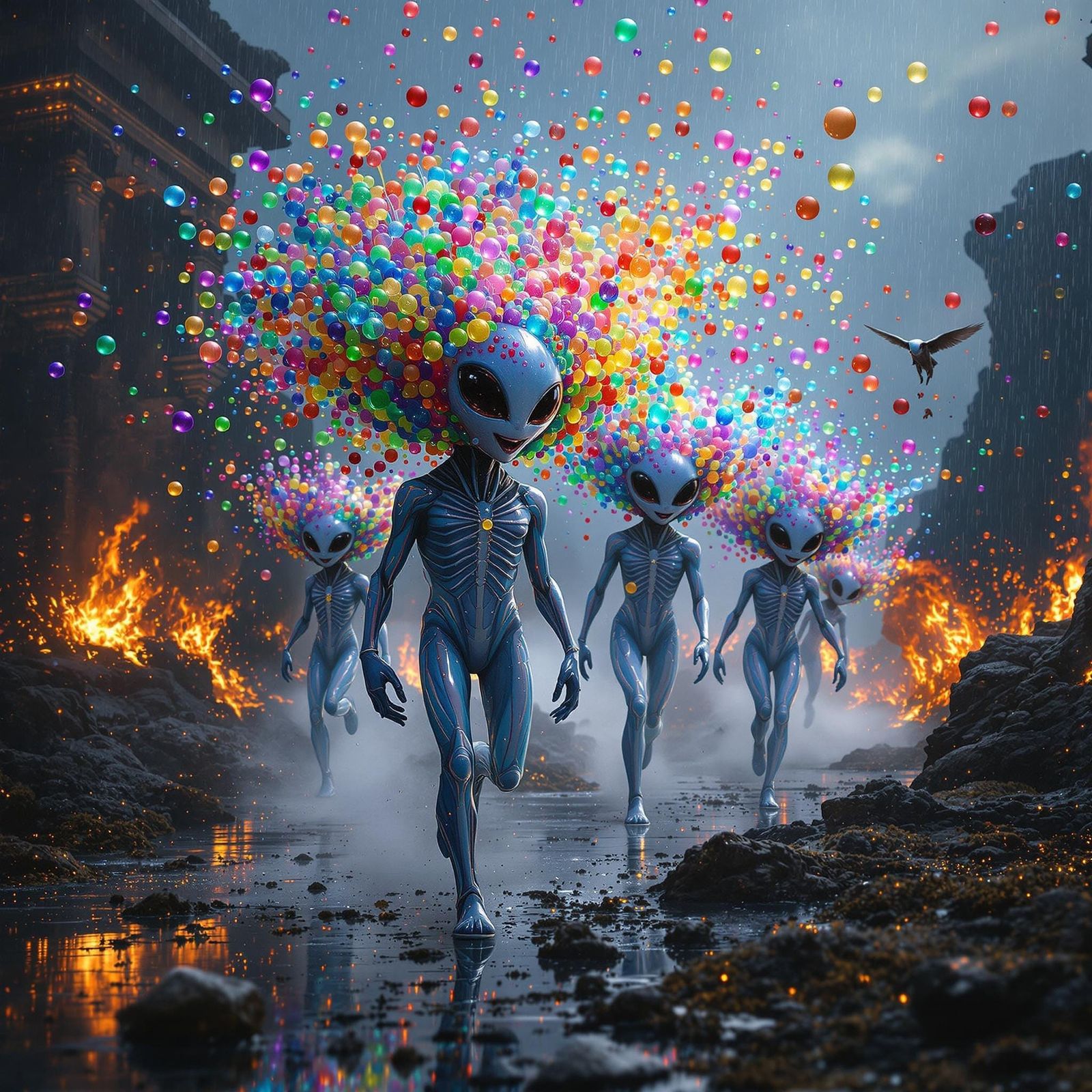 Joyful Alien Heads Dancing in Glass Rain